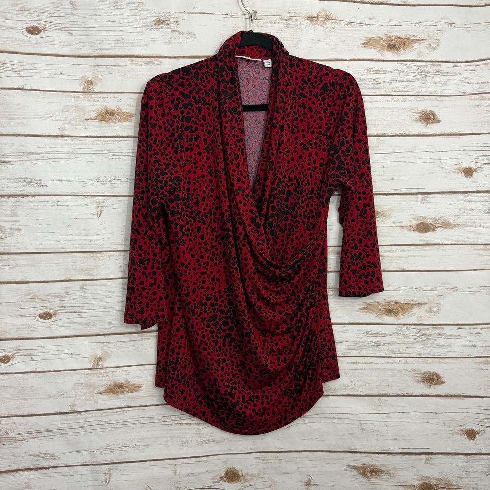 Susan Graver Red Black Animal Print Surplice 3/4 Sleeve Blouse